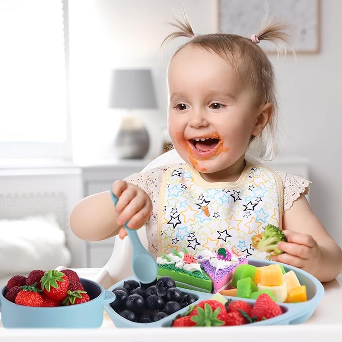 Dandat 24 Pcs Silicone Baby Feeding Set,6 Baby Toddler Suction Bowls 6 Divided Suction Plates with 6 Forks 6 Spoons, Utensils Set for Weaning Infant Feeding and Eating, 6 Styles(Dark Color)