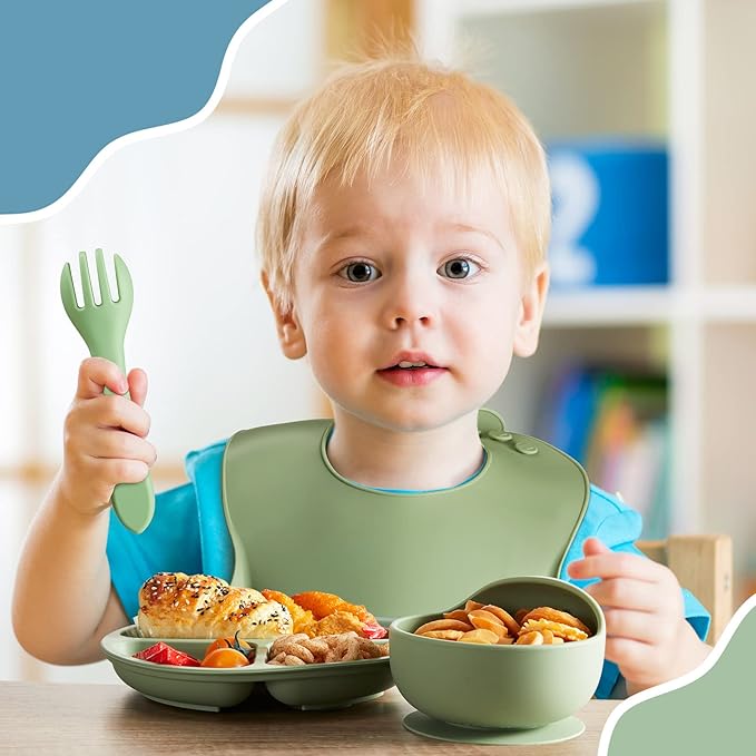 10 Pack Silicone Baby Feeding Set, Toddlers Led Weaning Feeding Supplies with Suction Baby Bowl Divided Plate Adjustable Bib Soft Silicone Spoon Fork, Infant Self Eating Utensil Set (Blue, Green)