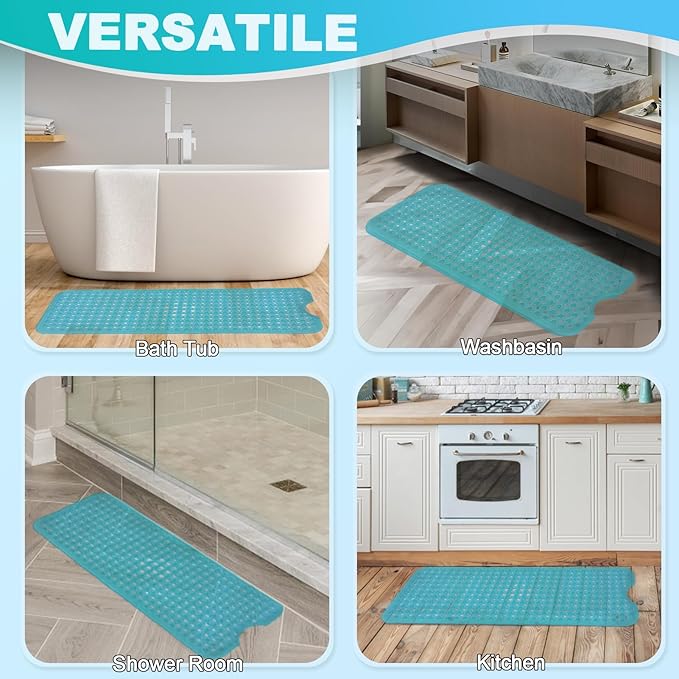 Linoows Bathtub and Shower Mats, 40x16 Inch Extra Large Non Slip Soft Bath Tub Mat with Suction Cups and Drain Holes for Bathroom Floor and Keep Tubs Clean, Machine Washable, Clear Turquoise
