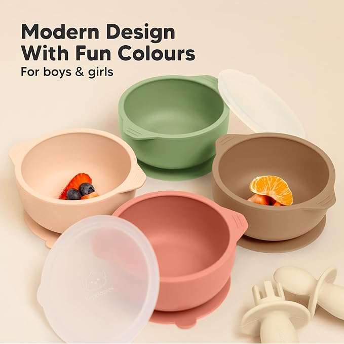 KeaBabies 2-Pack Baby Bowls with Suctions, Lids - Silicone Toddler Suction Bowls for Baby Boy, Girl, Kids, Food Grade Silicone, BPA-Free, Dishwasher Safe, Toddler Eating Essentials (Desert)