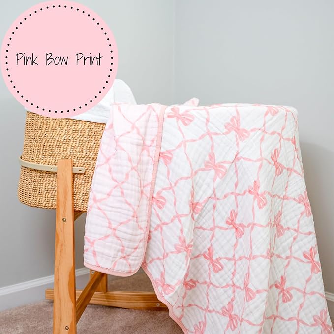 LollyBanks Muslin Baby Blanket 100% Organic Cotton, Muslin Quilt Lightweight, Muslin Blanket for Girls, 6 Layers Baby Blankets 47"x 47", Soft Nursery Receiving Blankets (Pink Bow Print)