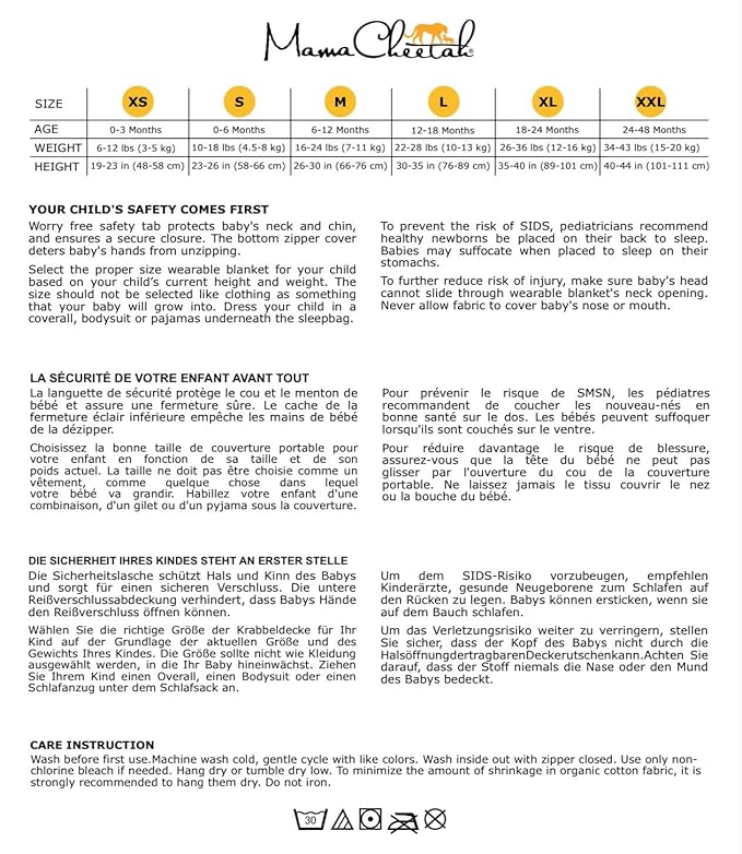 Mama Cheetah Baby Sleep Sack 0.5 TOG, Organic Cotton Baby Wearable Blanket with Two-Way Zipper, Swaddle Transition Baby Sleeping Bag for Newborn Infant Toddler Boy Girl, 6-12 Months