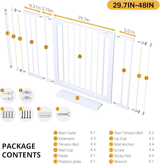 Cumbor 2 Pack 29.7"-48" Baby Gate for Stairs, Mom's Choice Awards Winner-Dog Gate for Doorways, Pressure Mounted Auto-Close Pet Gates for Dogs Indoor, Safety Child Gate with Easy Walk Thru Door,White
