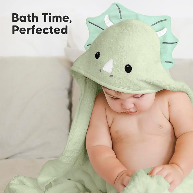 KeaBabies Hooded Baby Towel for Newborn - Viscose Derived from Bamboo Large Baby Bath Towels with Hood for Boys, Girls, Toddler, Extra Absorbent & Soft Newborn Bath Essentials (Triceratops, Petite)