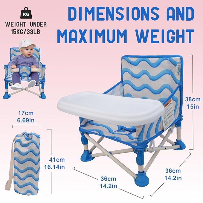 Tiny Marvels Portable 3-in-1 Baby Booster Seat, Cozy Floor Seat, Feeding Seat with Tray, Compact Foldable Toddler Booster with Child Safety Belt Carry Bag, Perfect for Travel (Big Waive)