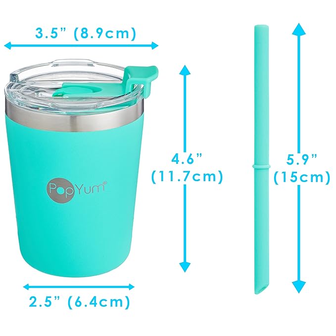 PopYum 9oz Insulated Stainless Steel Kids’ Cups with Lid and Straw, 2-Pack, Blue, Green, stackable, sippy, baby, child, toddler, tumbler, double wall, vacuum, leak proof