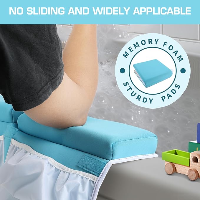 Bath Kneeler and Elbow Rest Pad, Thick Quick Dry Kneeling Mat, Large Bathtub Pad with Toy Organizer for Baby Bathing (Blue)