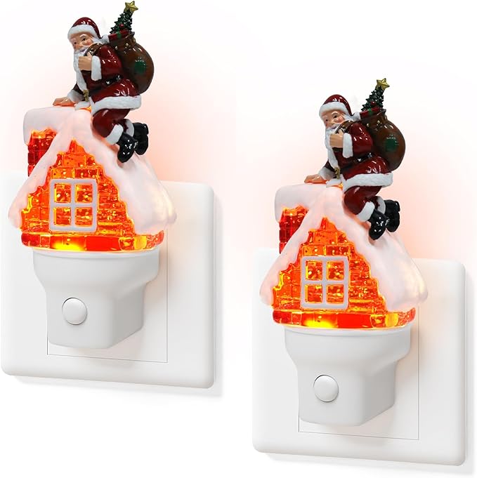 2 Pack Christmas Santa Night Light Plug into Wall Glitter Water Nightlight with USB/Outlet Options, Christmas Decorative Nightlight for Bedroom Kitchen Hallway Holiday Decorations Gifts (Santa)