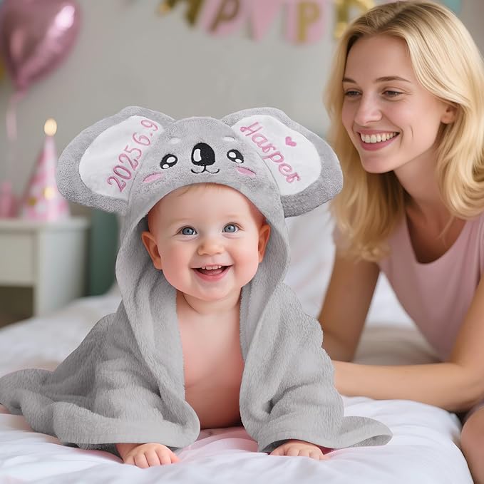 Custom Hooded Bath Towel with Name, Personalized Highly Absorbent Bunny Towels, Baby Bath Towels for Girls Boys, Brithday for Baby, Toddler, Newborn (Koala-Grey)