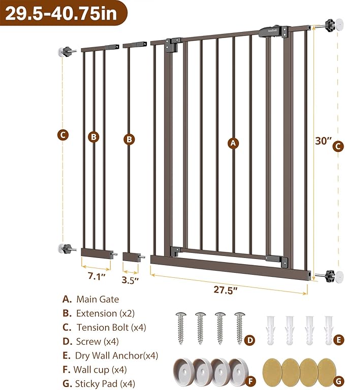 InnoTruth 29.5–40.75" Baby Gate for Stairs, 30" Tall Dog Gates for Doorways & Hallways, Safety Gate for Kids & Pets, Pressure-Mounted Walk-Through with Dual Lock & 2-Way Swing, Brown