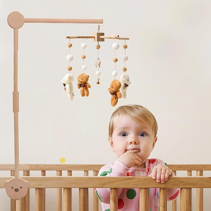 JETMHH Wooden Crib Mobile Arm | Crib Mobile Holder | Nursery Mobile Hanger Cartoon Bear | Horizontal 360 Rotatable, 2 Adjustable Hanging Angles Fits Thick Railings Nursery Decoration