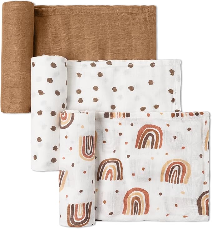 GLLQUEN BABY Receiving Blanket Boy Cotton Muslin Swaddle Blankets Girl Newborn Squares Breathable & Soft Thin Baby Blankets Cloths Double Absorbent Infant Swaddling Wrap - 3 Pack (Rainbow)
