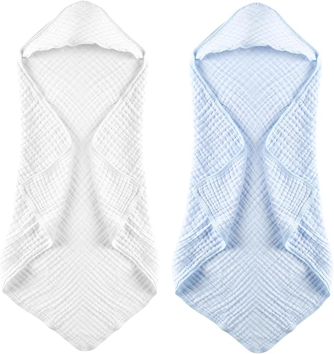 MUKIN Baby Hooded Towels, Muslin Cotton, 2-Pack, for Newborn, Infant, Toddler and Kids (White,Blue)