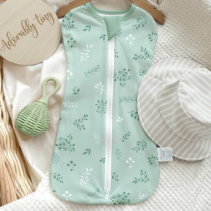 Baby Swaddle 0-2 Months, Cotton Arm-In Zipper Sleep Sack, Wearable Blankets Wrap for Newborn Infant Girls, Boys (Green Leaves, Polka Dots, Pack of 2)