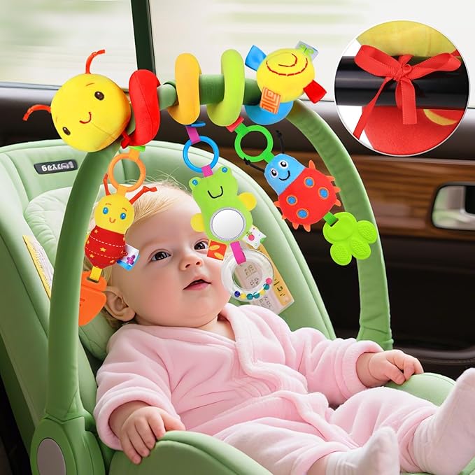 Car Seat Toys for Babies 0-6 Months, Upgraded Spiral Hanging Crib Stroller Activity Toys with Detachable Rattles, Baby Car Seat Accessories Toy for Developing Sensory Skills, Gift for Newborn Infant