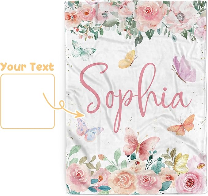 Personalized Baby Blanket for Girls, Custom Baby Blankets with Name, Soft Flannel Double Layer Receiving Swaddle Blanket, Pink Butterfly Monogram Birthday Gifts for Toddlers Infants (47"x60")