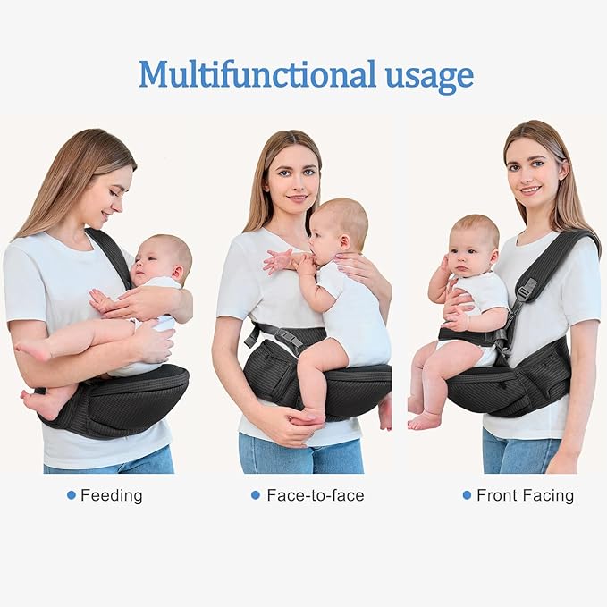 Baby Hip Carrier - Hip Carrier for Baby with Baby Safety Strap - Toddler Carrier 7-45 lbs - Ergonomic Infant Holder Baby Carrier with Hip Seat Large Capacity Pockets(Black)