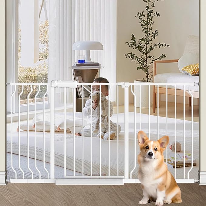 TSAYAWA Extra Wide Baby Gate with Door,33.8-38.5 Inch Walk Through Large Long Child Gates for Stair Doorway - Indoor Outdoor Safty Gate for Toddler Pet Dog Doggie White