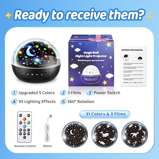 COOLNIGHT Night Light for Kids, 93 Lighting+3 Films Kids Night Light Projector, Remote+Dimmable Star Projector,360°Slient Ceiling Stars Glow in The Dark Stars, Boys Christmas Gifts for 4 Year Old Boy