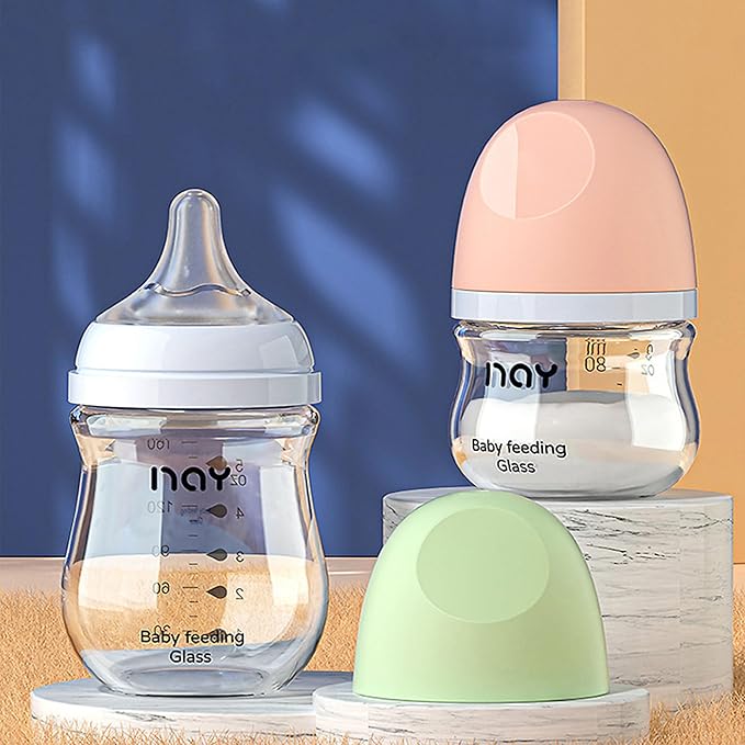 Natural Glass Baby Bottle Wide Neck, Anti-Colic Baby Bottle, Clear, 5.4oz(Pack of 4), Includes 4Pcs Natural Response Nipple(S), 1 Months+