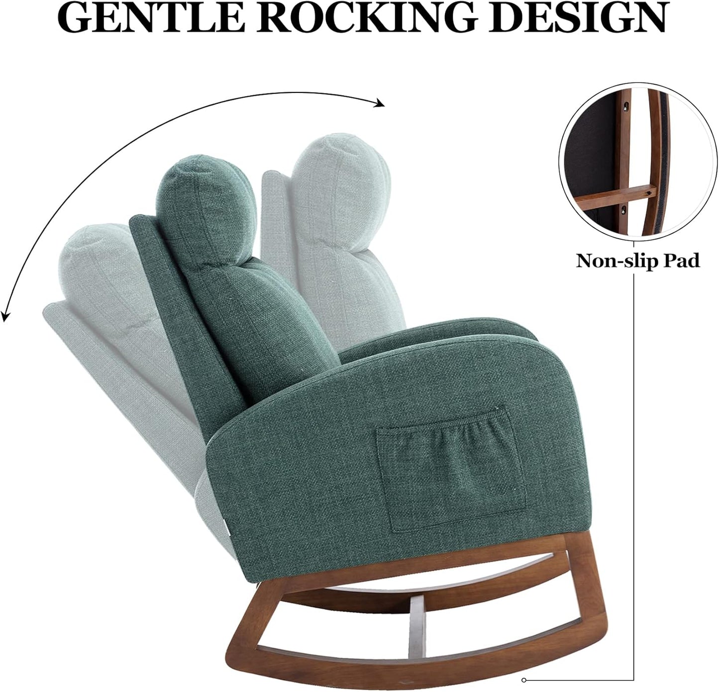 Dolonm Nursery Rocking Chair for Living Room, Upholstered Mid-Century Modern Nursery Rocking Armchair Tall Back Accent Glider Rocker, Emerald