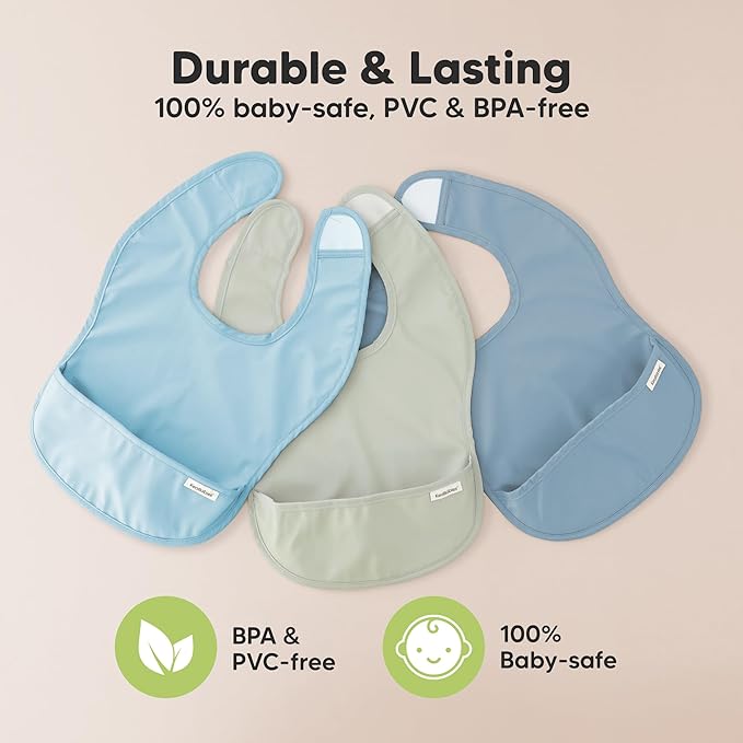3-Pack Waterproof Baby Bibs for Eating - Lightweight Toddler Feeding Bibs with Large Food Catcher, Mess Proof, Food-Grade Baby Eating Essentials, Easy to Put On & Clean (Ocean)