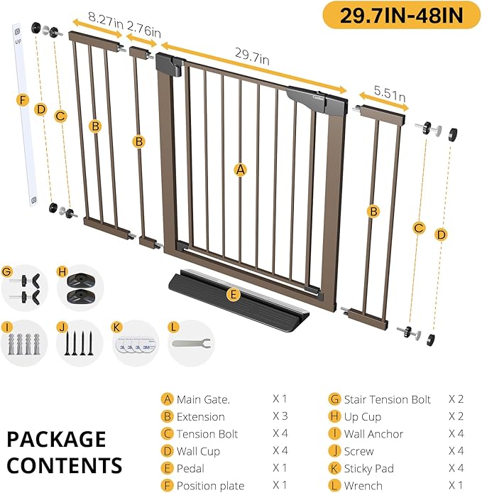 Cumbor 29.7-48" Baby Gate for Stairs, Mom's Choice Awards Winner-Dog Gate for Doorways, Auto Close Safety Pet Gate for Dogs Indoor, Easy Install Pressure Mounted Child Gate with Walk Thru Door, Brown