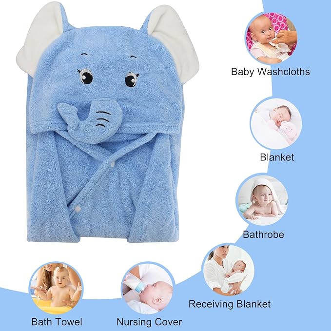ROMASA Baby Bath Towel Ultra Soft Hooded Towel Highly Absorbent Bathrobe Blanket Toddlers Shower Gifts for Boys Girls-27.5" x 55" (Blue Elephant)