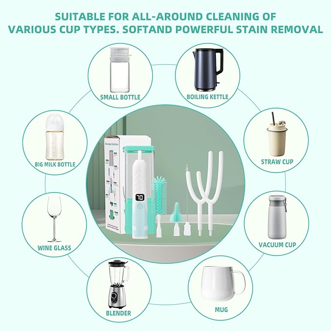 Electric Bottle Brush Cleaner,Electric Baby Bottle Brush Cleaner, Baby Bottle Washer,8 in 1Automatic Bottle Cleaner Brush Set (Green)