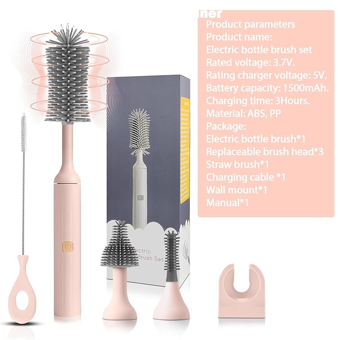 Electric Baby Bottle Brush Set with Rechargeable Electric Bottle Brush Cleaner and Replaceable Silicone Bottle Brushes and Straw Brush Cleaner, Waterproof Multi-Purpose Cleaning Brush(Pink)