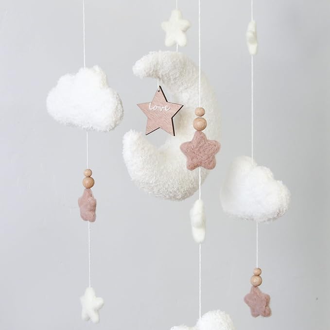 Cloud Crib Mobile for Girls & Boys, Boucle Cloud Baby Mobile for Crib Neutral Boho Nursery Mobile, Stars and Moon
