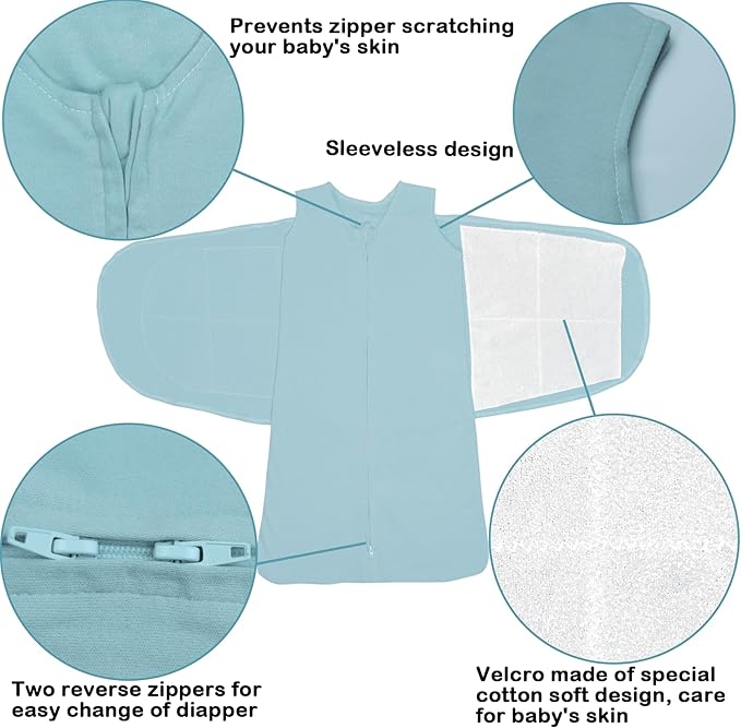 Baby Sleep sack Swaddle,Swaddles 3-6 Months,3-Way Adjustable Wearable Transition Blanket 100% Organic Cotton 2-Piece,12-18 lbs,1.0 TOG(Cyan&Navy Blue)