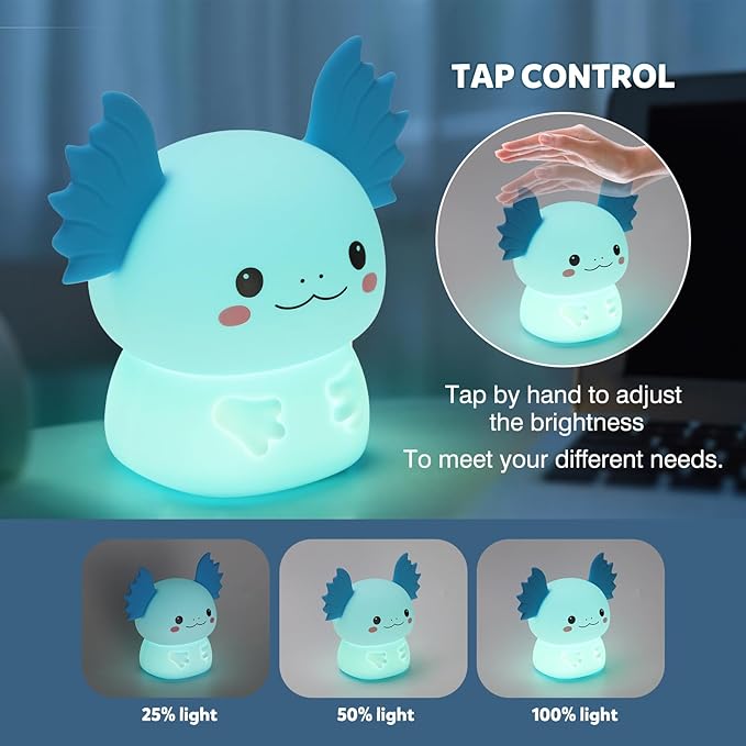 Axolotl Night Light for Kids, 7-Color Changing & 3 Adjustable Brightness Levels,Rechargeable Silicone Bedside Lamp, Animal Night Lamp for Kids Room,Gift for Boys & Girls,Axolotl Nightlight