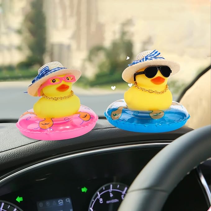 wonuu Car Rubber Duck, Yellow Duck Decoration Dashboard with Sun Hat Swim Ring Necklace Sunglasses for Car Dashboard Decorations