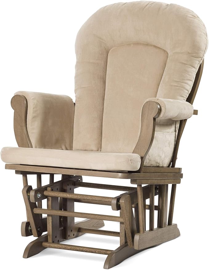 Child Craft Cozy Glider Rocker and Ottoman Set, Padded Cushion with Convenient Storage Pockets, Solid Wood Base & Frame (Dusty Heather with Beige Cushion)