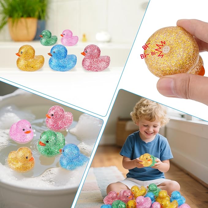 25Pcs Mini Glitter Rubber Ducks Bath Toys, Bathtub Floating Squeaky Duck Bulk Baby Preschool Bath Toy for Baby Shower Infants Kids Toddler Birthday Party Decoration Gift (Large)