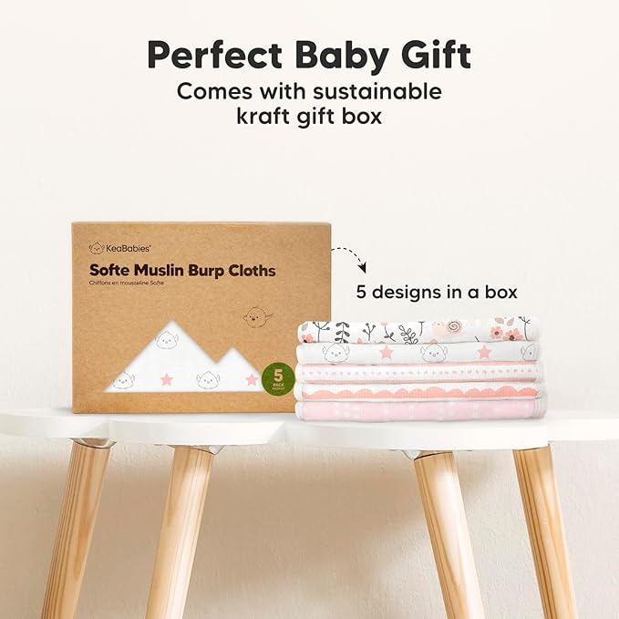 5-Pack Muslin Burp Cloths Baby Boy, Girl - Very Absorbent Baby Burp Cloth Rags, 8-Layers Viscose Derived from Bamboo Cotton Muslin Towel, Super Soft Spit Up Rags, No Shrink Washcloths (Sweet Charm)