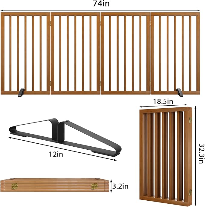 Dog Gate 32" Tall Foldable Dog Gate for Doorways Freestanding Pet Gate for Dogs Indoor (Walnut, 4 Panel)