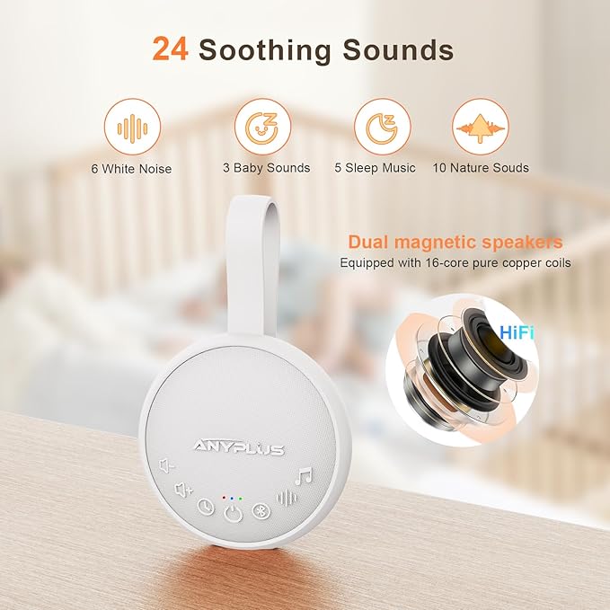 White Noise Sound Machine for Sleeping Adults & Baby, Portable Noise Machine with 24 Soothing Sounds, Bluetooth 5.1, Battery Powered, 3 Timer Settings, Memory Function for Home, Office, Travel (White)