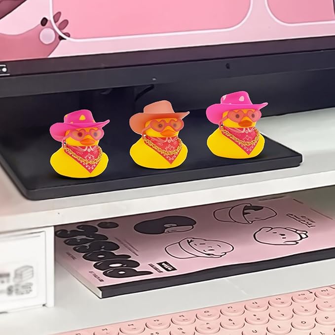 Quackly Pink Cowboy Rubber Duck, Car Dashboard Decoration Ducks with Cowboy Hat Necklace Sunglasses, Glitter Pink