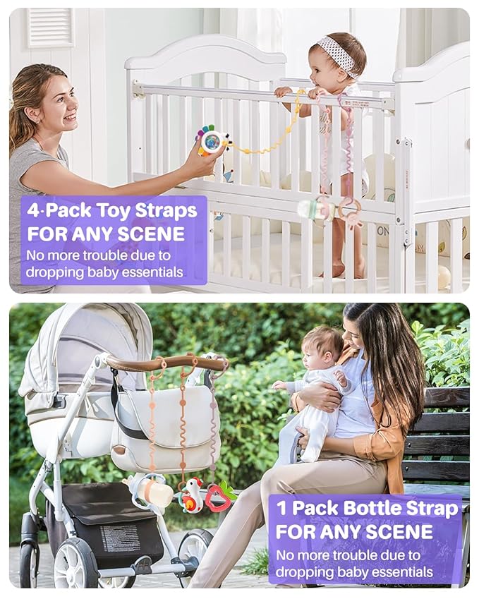 Toy Straps for Baby, 6pcs Adjustable Toy Holder for Stroller Accessories, Silicone Tether Pacifier Clip, No Throw Travel Essential Leash for High Chair, Car Seat