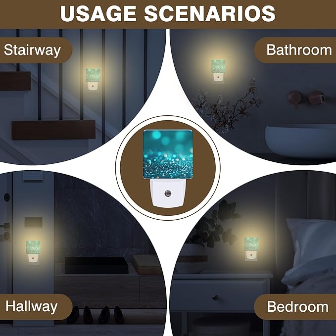 Night Light Teal and Turquoise Sparkle Night Lights Plug into Wall Smart Dusk to Dawn Sensor 0.5W Energy Efficient Led Lamp for Men Women Bedroom Bathroom Hallway Stairway Decor