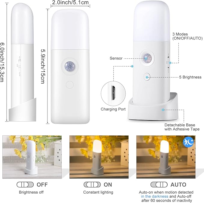 YELKO Motion Sensor Night Light, 2000mAh Rechargeable Night Lights Battery Powered, PortableDimmable Nightlights with 5 Brightness Levels for Kids,Adults (Warm White 2Pack)