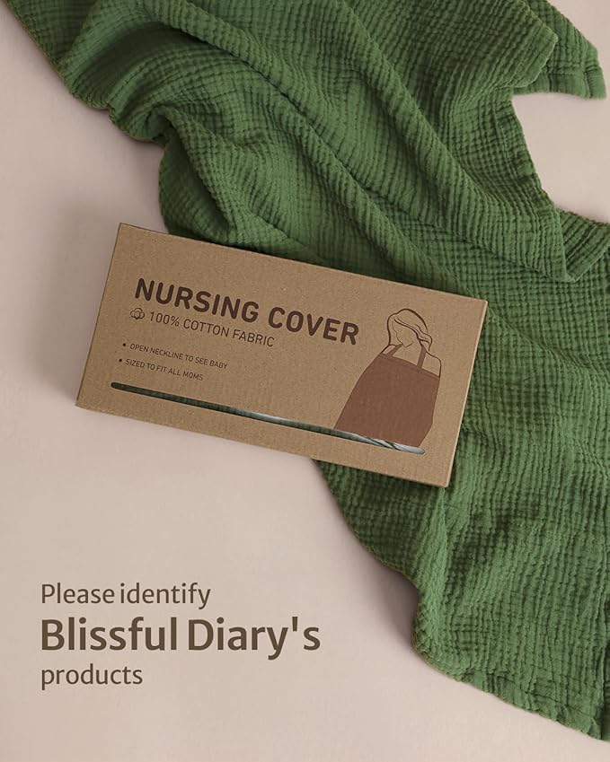 Blissful Diary Muslin Nursing Cover for Breastfeeding, Breathable Breastfeeding Cover up with Arch Neckline for Women, Nursing Apron (Dark Green)