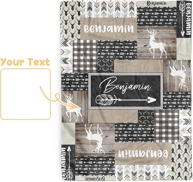 Custom Baby Blanket, Personalized Name Baby Blanket for Boys Girls, Woodland Deer Double Layer Dotted Backing Receiving Swaddle Blankets, Nursery Newborns New Parents Customized Gifts(47"x60")