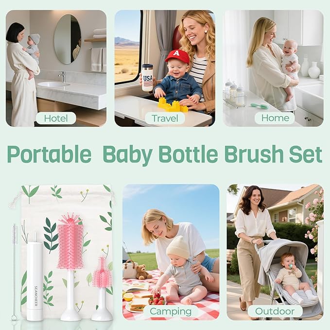 SEANCHEER S02 Electric Bottle Brush Set, Portable Baby Bottle Brush Cleaner, AA Battery-Powered & IPX7 Waterproof, with Silicone Bottle/Nipple/Straw Brush, for Home & Travel (Pink)
