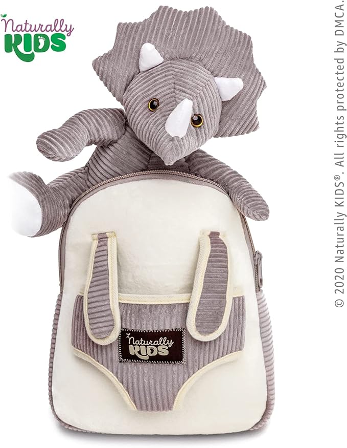 Naturally KIDS Small Dinosaur Backpack - Triceratops Dinosaur Toys for Kids 3-5 - Toddler Backpack for Boys & Girls - Grey Plush Stuffed Animal