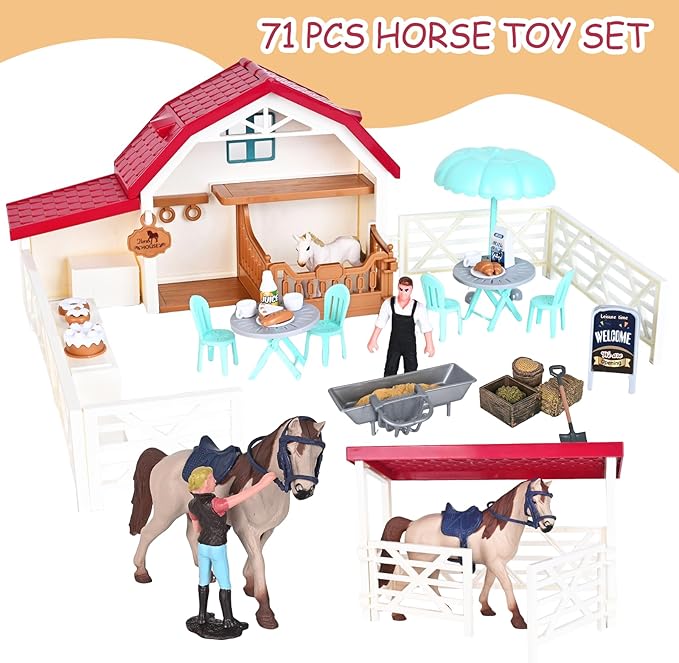 Horse Club Riding Arena 71-Piece, Horse Stable Toys Playset, Farmmer Figures,Farm Animal Figurine, Coffee Shop, Barn with Fence Toys for 3-7 Years Old Kids Boys Girls Toddlers