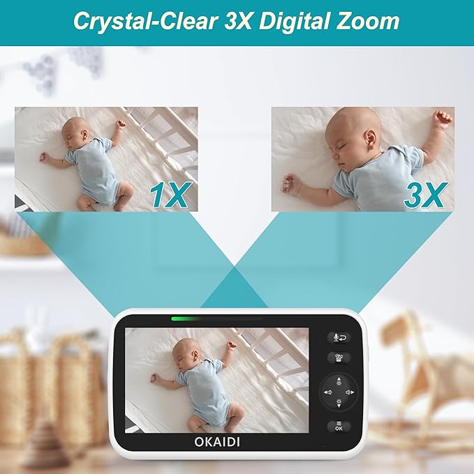 OKAIDI 720P HD Baby Monitor, 5 Inch Baby Monitor with Camera and Audio, 5000mAh Battery, Remote Pan-Tilt, 3X Zoom, 1000ft Baby Monitor NO WiFi, Night Vision, 2-Way Talk, Temperature, Lullabies