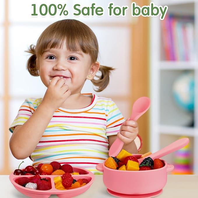 Chengu 12 Pcs Silicone Bowl with Suction Set for Baby Toddler with Suction Plate, Spoon and Fork, Divided Design Baby Feeding Utensils Weaning Kit, Dishwasher and Microwave Safe